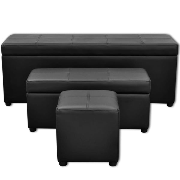 Storage Bench Faux Leather Black Footrest Set 3-piece