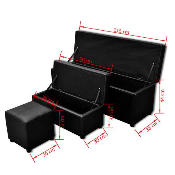 Storage Bench Faux Leather Black Footrest Set 3-piece