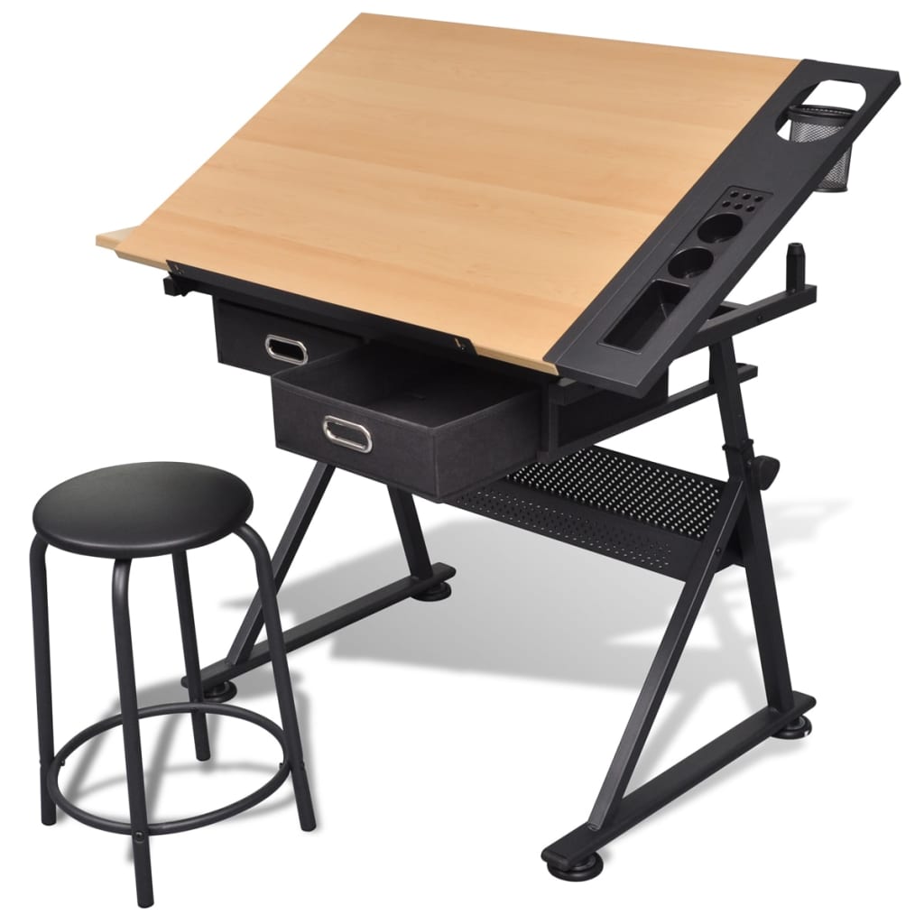 vidaXL Drafting Table with Tiltable Tabletop 2 Drawers and Stool