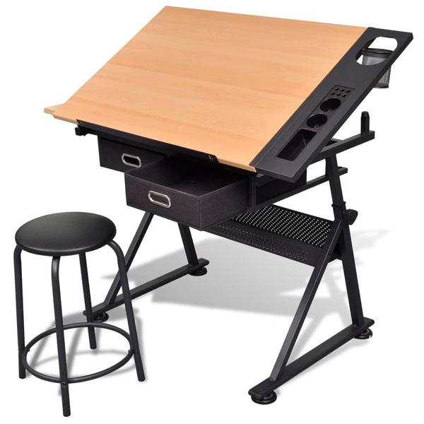 vidaXL Drafting Table with Tiltable Tabletop 2 Drawers and Stool