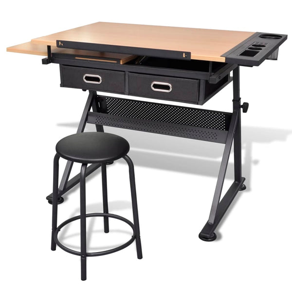 vidaXL Drafting Table with Tiltable Tabletop 2 Drawers and Stool