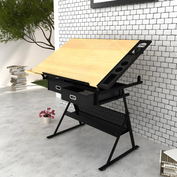 vidaXL Drafting Table with Tiltable Tabletop 2 Drawers and Stool