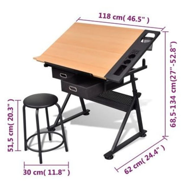 vidaXL Drafting Table with Tiltable Tabletop 2 Drawers and Stool