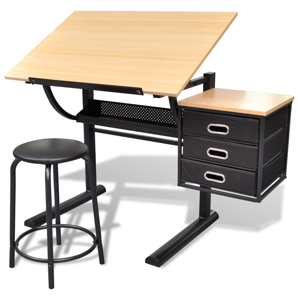 vidaXL Drafting Table with Tiltable Tabletop 3 Drawers and Stool