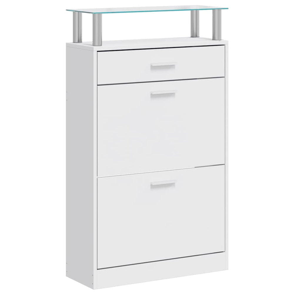 vidaXL Shoe Cabinet with Drawer and Top Glass Shelf Wood White