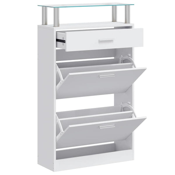 vidaXL Shoe Cabinet with Drawer and Top Glass Shelf Wood White