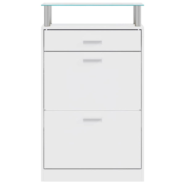 vidaXL Shoe Cabinet with Drawer and Top Glass Shelf Wood White