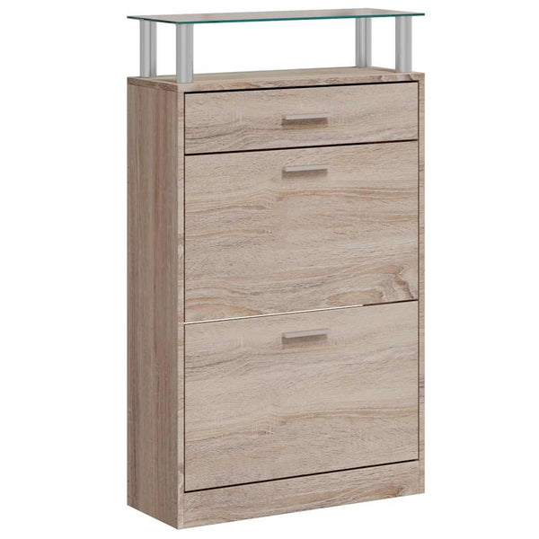 vidaXL Shoe Cabinet with Drawer & Top Glass Shelf Oak Look Wood