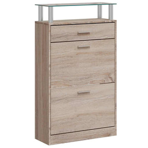 vidaXL Shoe Cabinet with Drawer & Top Glass Shelf Oak Look Wood