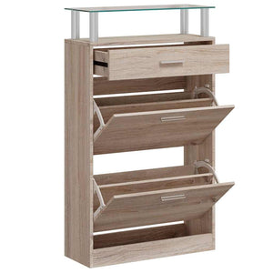 vidaXL Shoe Cabinet with Drawer & Top Glass Shelf Oak Look Wood