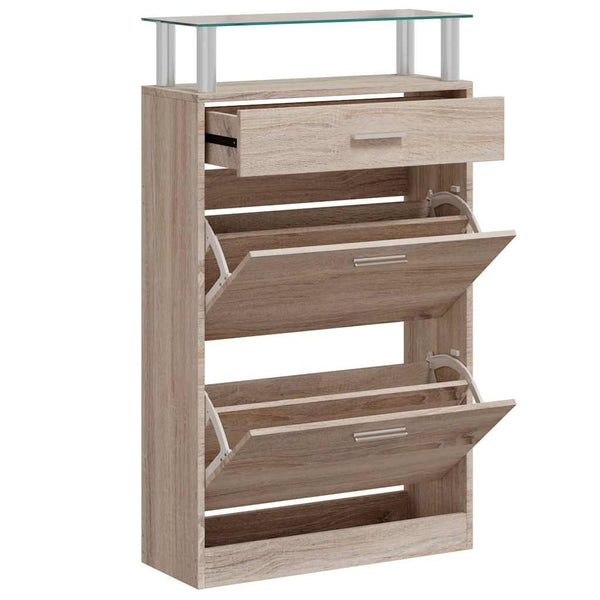 vidaXL Shoe Cabinet with Drawer & Top Glass Shelf Oak Look Wood