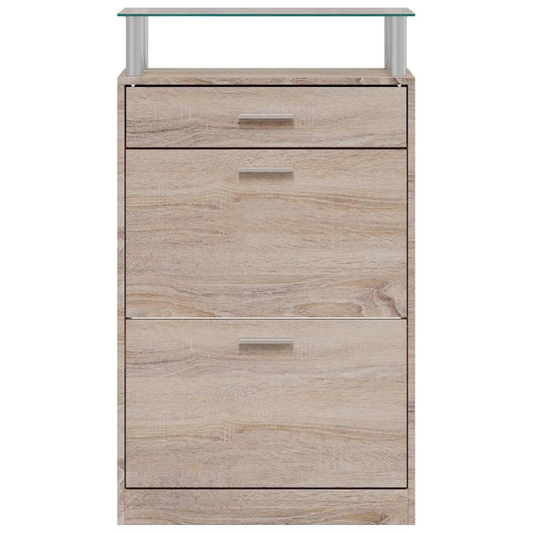 vidaXL Shoe Cabinet with Drawer & Top Glass Shelf Oak Look Wood