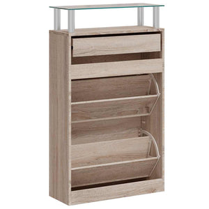 vidaXL Shoe Cabinet with Drawer & Top Glass Shelf Oak Look Wood