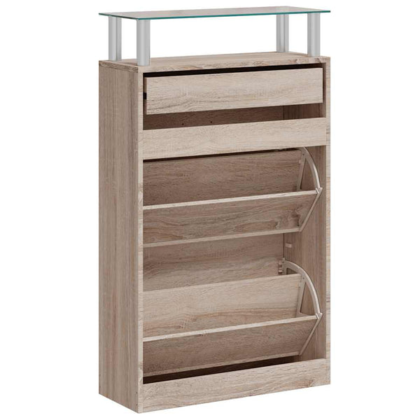vidaXL Shoe Cabinet with Drawer & Top Glass Shelf Oak Look Wood