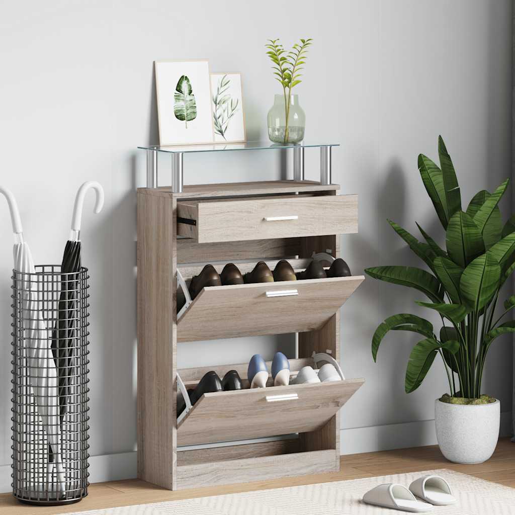 vidaXL Shoe Cabinet with Drawer & Top Glass Shelf Oak Look Wood