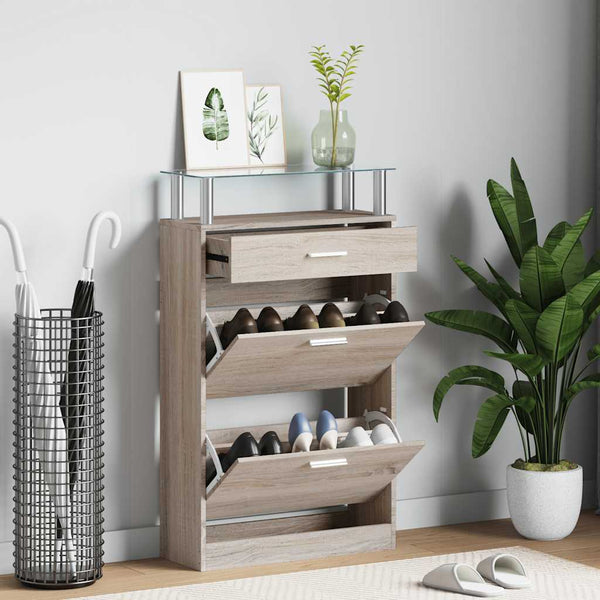 vidaXL Shoe Cabinet with Drawer & Top Glass Shelf Oak Look Wood