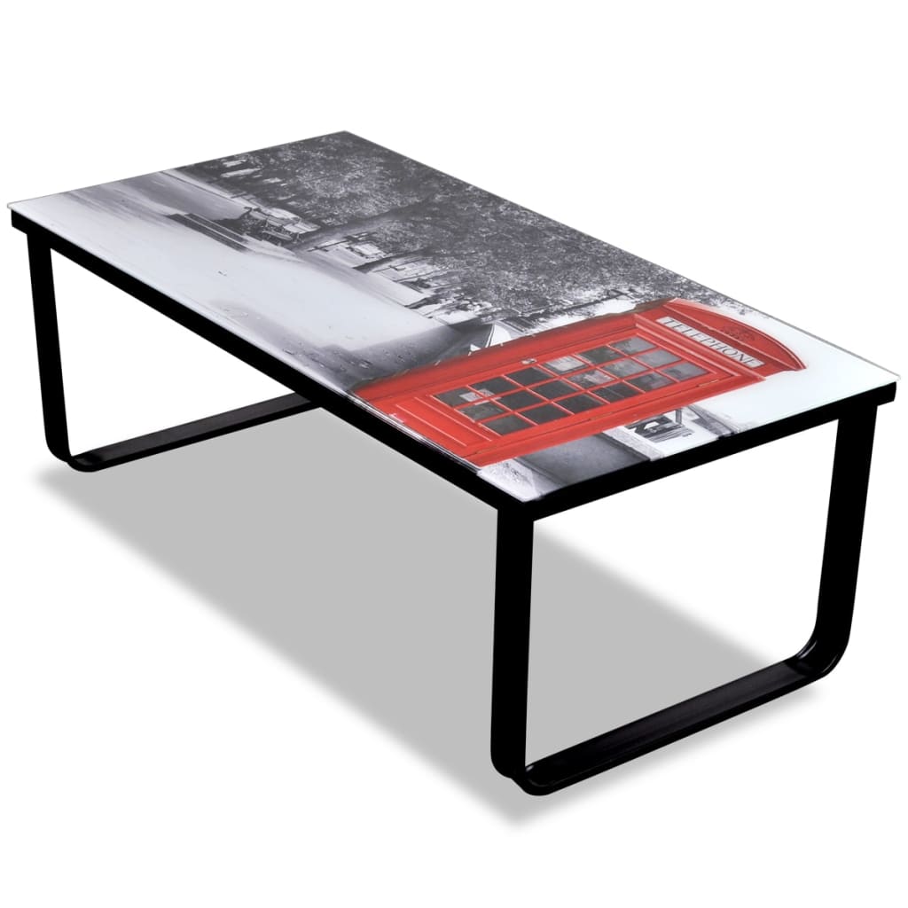 vidaXL Coffee Table with Glass Top Telephone Booth Print