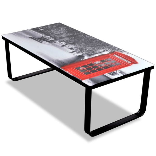 vidaXL Coffee Table with Glass Top Telephone Booth Print