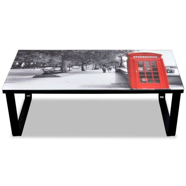 vidaXL Coffee Table with Glass Top Telephone Booth Print