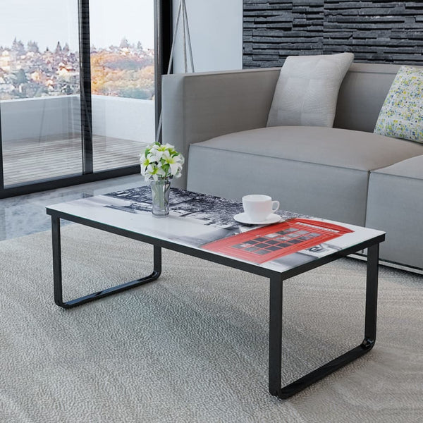 vidaXL Coffee Table with Glass Top Telephone Booth Print