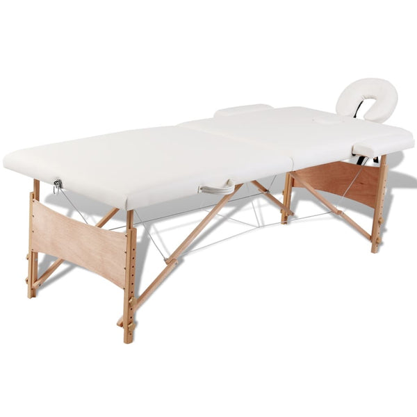 vidaXL 2-Zone Foldable Massage Table with Wooden Frame Cream White