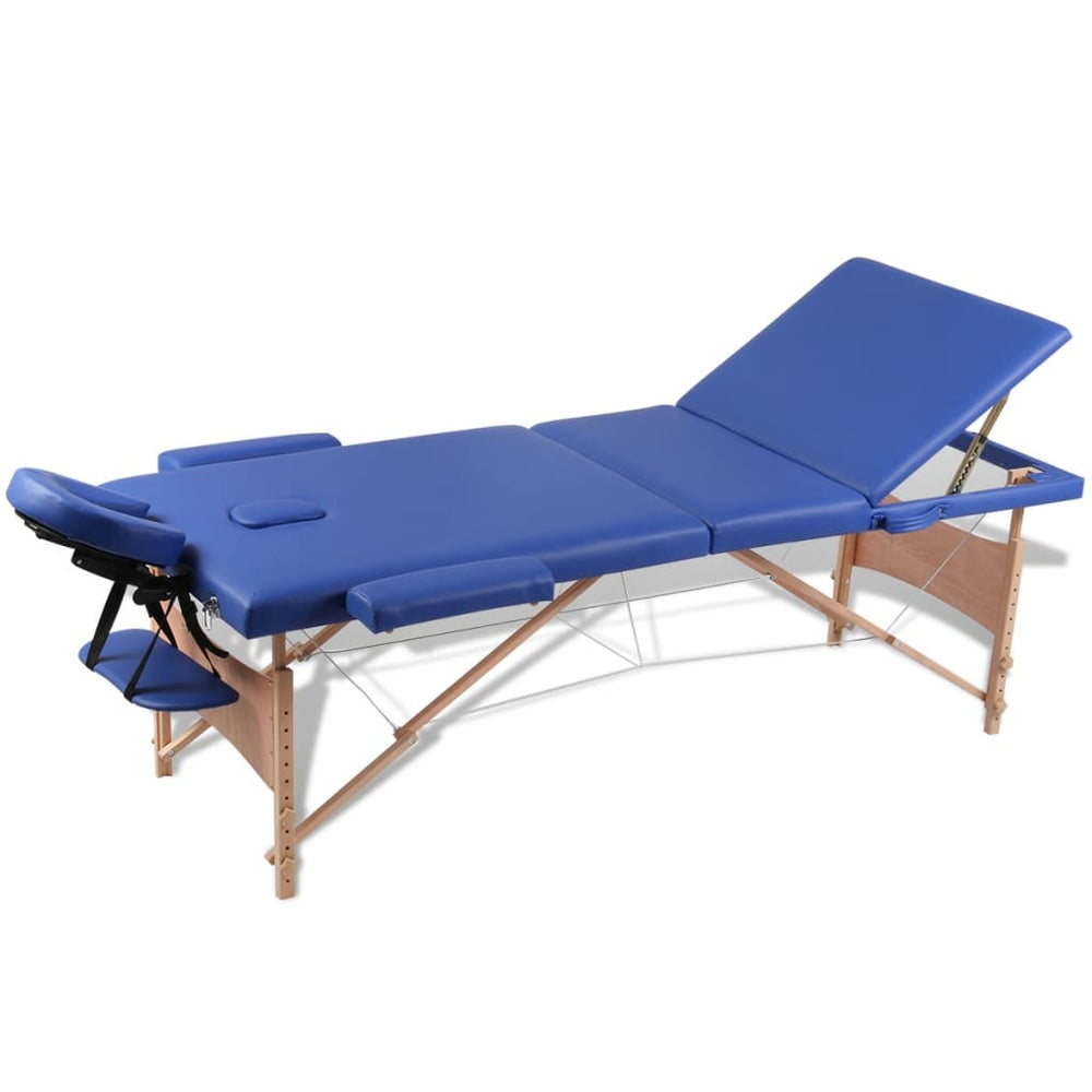 Massage table with wooden frame, foldable 3 zones Blue