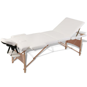 vidaXL 3-Zone Foldable Massage Table with Wooden Frame Cream White