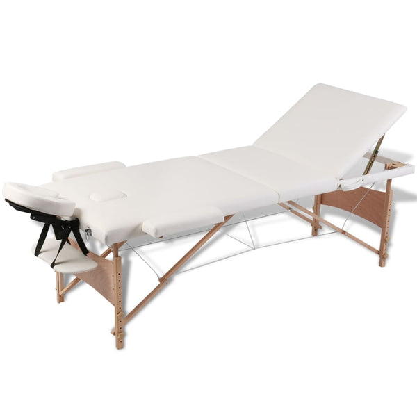 vidaXL 3-Zone Foldable Massage Table with Wooden Frame Cream White