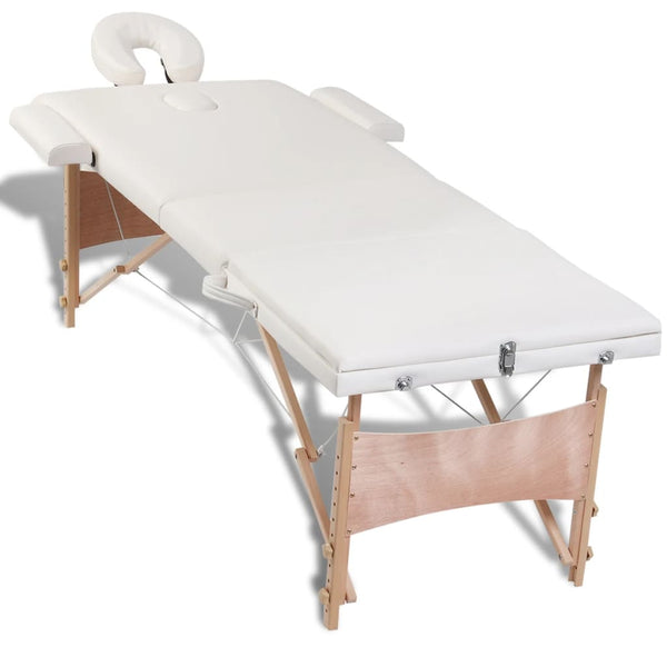vidaXL 3-Zone Foldable Massage Table with Wooden Frame Cream White
