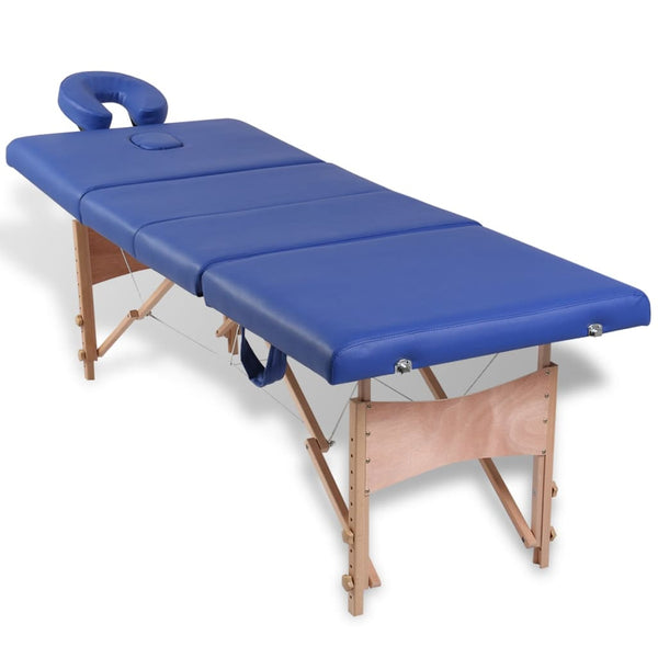 vidaXL Foldable 4-Zone Massage Table with Wooden Frame Blue