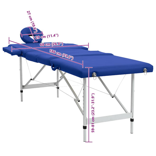 Massage table with aluminum frame, foldable, 4-zone, blue