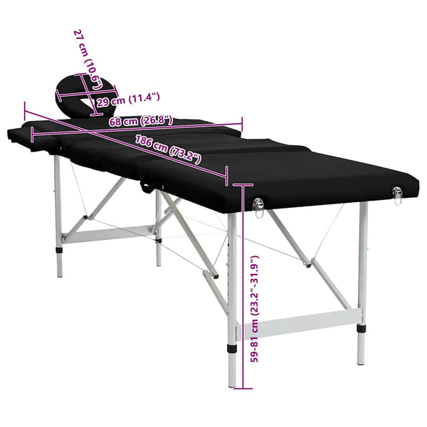 vidaXL Foldable 4-Zone Massage Table with Aluminum Frame Black