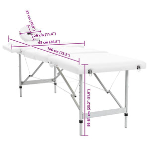 Massage table with aluminum frame, foldable 4-zone cream-white