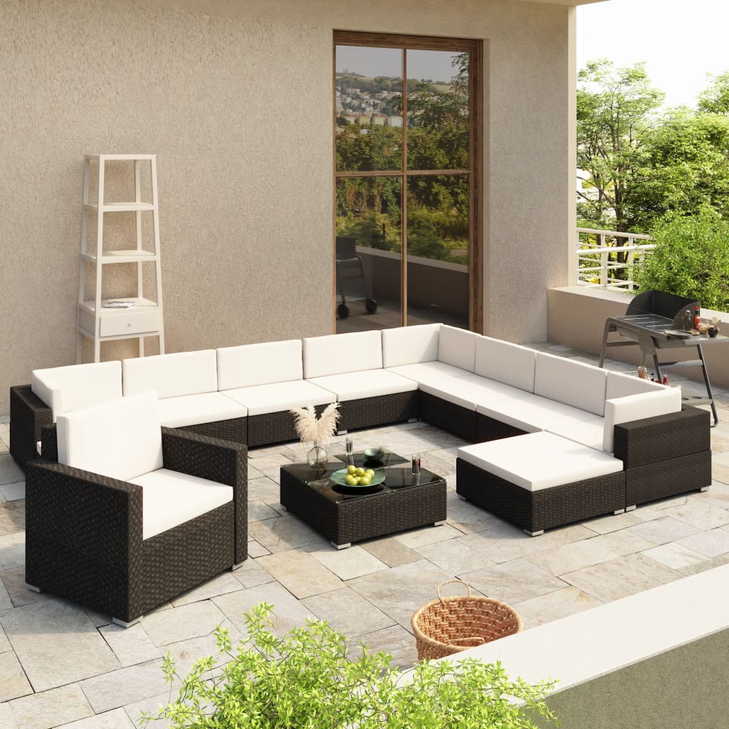 vidaXL 12-Piece Garden Lounge Set with Cushions Poly Rattan Black