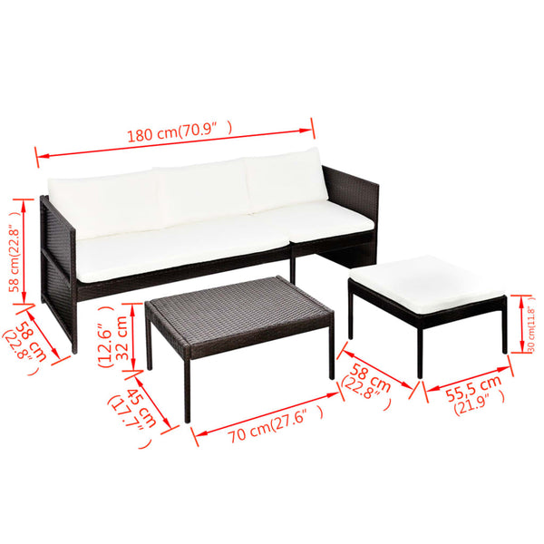 vidaXL 3-Piece Garden Lounge Set with Cushions Poly Rattan Brown