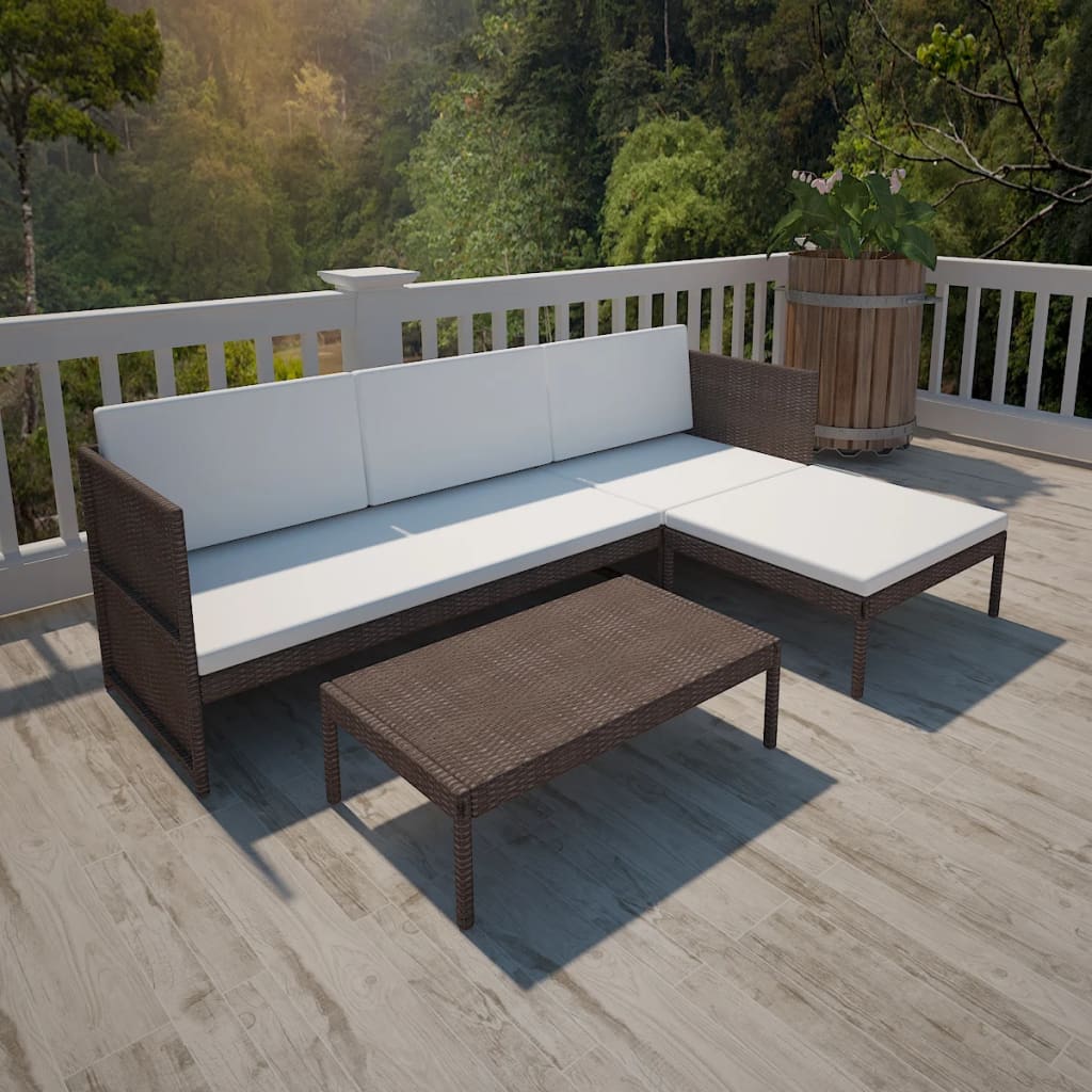 vidaXL 3-Piece Garden Lounge Set with Cushions Poly Rattan Brown