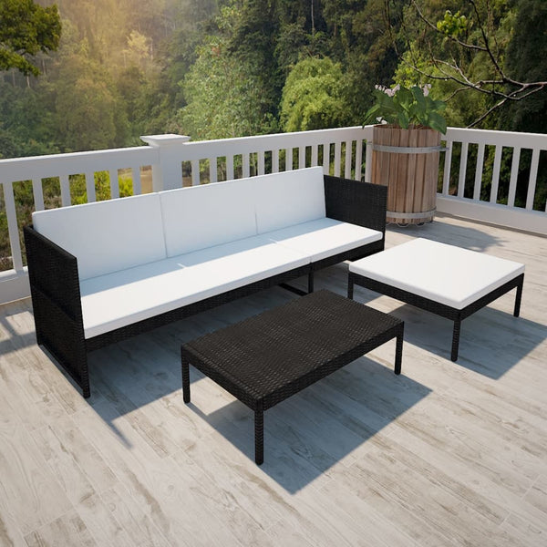 vidaXL 3-Piece Garden Lounge Set with Cushions Poly Rattan Black