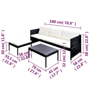 vidaXL 3-Piece Garden Lounge Set with Cushions Poly Rattan Black