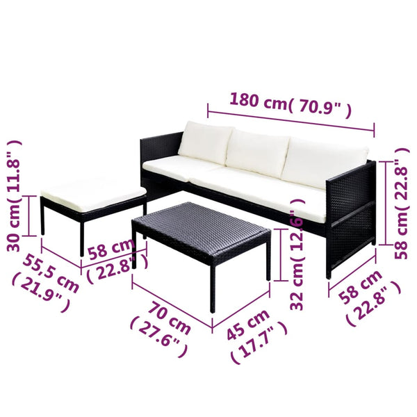 vidaXL 3-Piece Garden Lounge Set with Cushions Poly Rattan Black