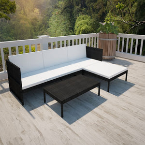 vidaXL 3-Piece Garden Lounge Set with Cushions Poly Rattan Black