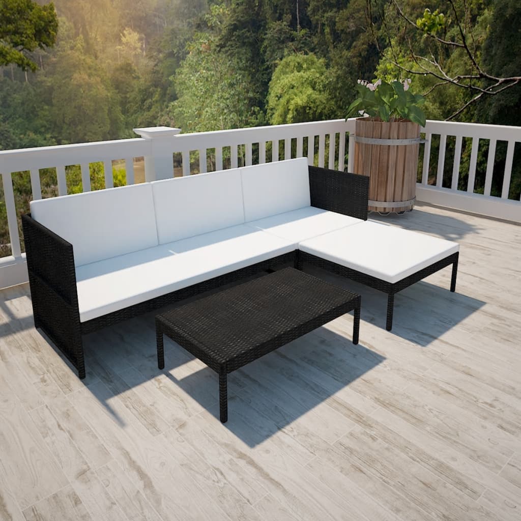 vidaXL 3-Piece Garden Lounge Set with Cushions Poly Rattan Black