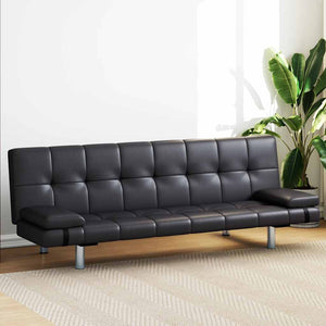 vidaXL Sofa Bed with 2 Pillows Faux Leather Extendable Black