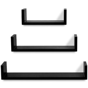 3-piece U-shaped Wall Shelf Set for Books DVD MDF Black