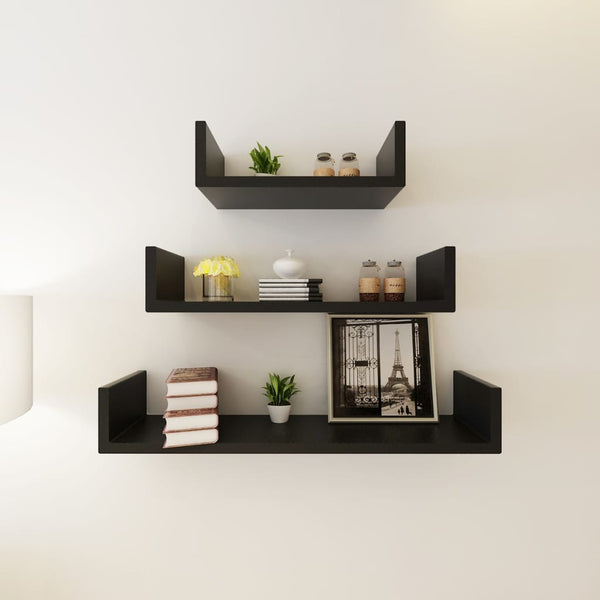3-piece U-shaped Wall Shelf Set for Books DVD MDF Black