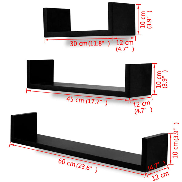 3-piece U-shaped Wall Shelf Set for Books DVD MDF Black