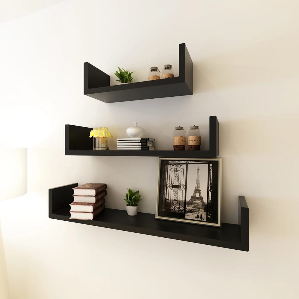 3-piece U-shaped Wall Shelf Set for Books DVD MDF Black
