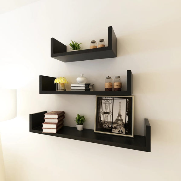 3-piece U-shaped Wall Shelf Set for Books DVD MDF Black