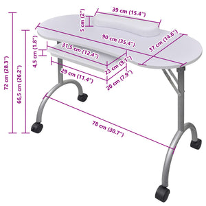 Folding Manicure Table with Wheels White