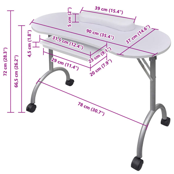 Folding Manicure Table with Wheels White