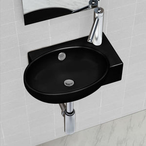 vidaXL Ceramic Basin with Faucet/Overflow Hole Black Round